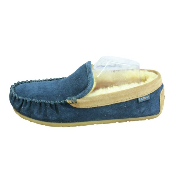 LL Bean Blue Suede Wicked Good Shearling Lined Venetian Slippers Size 11 M - Picture 1 of 9